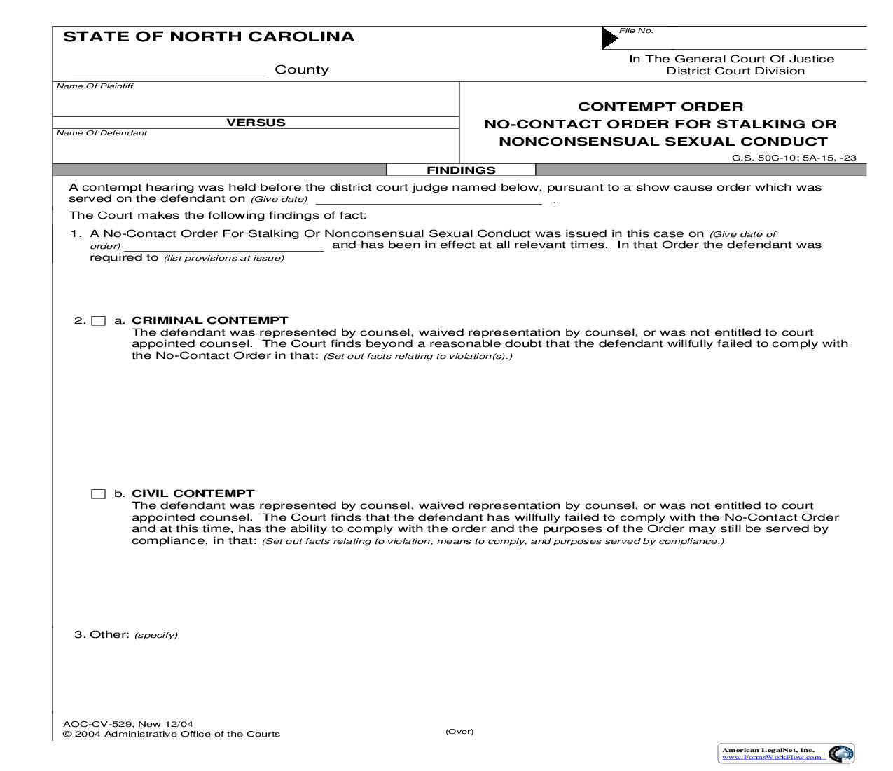 Contempt Order No Contact Order For Stalking Or Nonconsensual Sexual Conduct {CV-529} | Pdf Fpdf Doc Docx | North Carolina