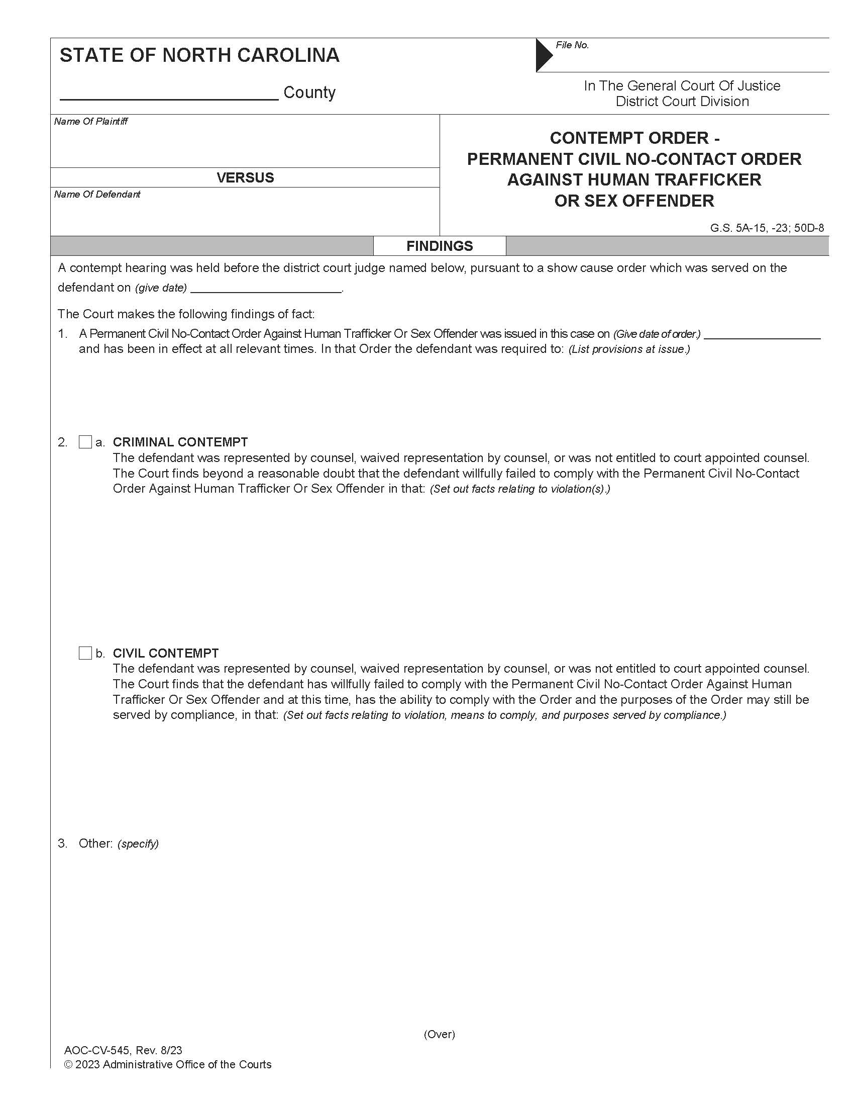 Contempt Order Permanent Civil No Contact Order Against Sex Offender {CV-545} | Pdf Fpdf Doc Docx | North Carolina