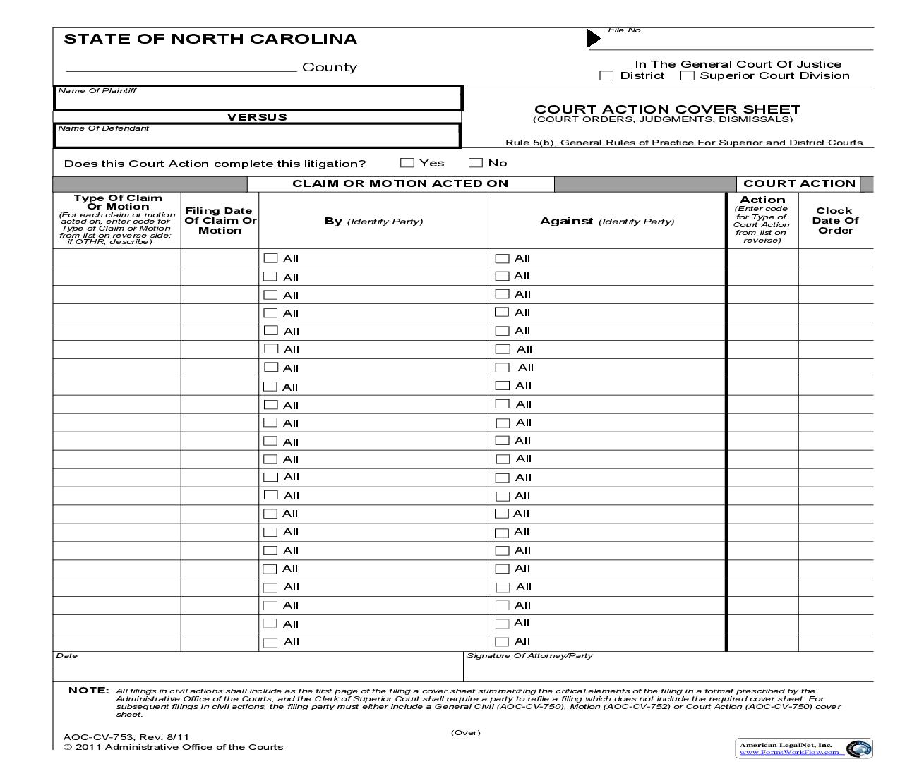 Court Action Cover Sheet {CV-753} | Pdf Fpdf Doc Docx | North Carolina