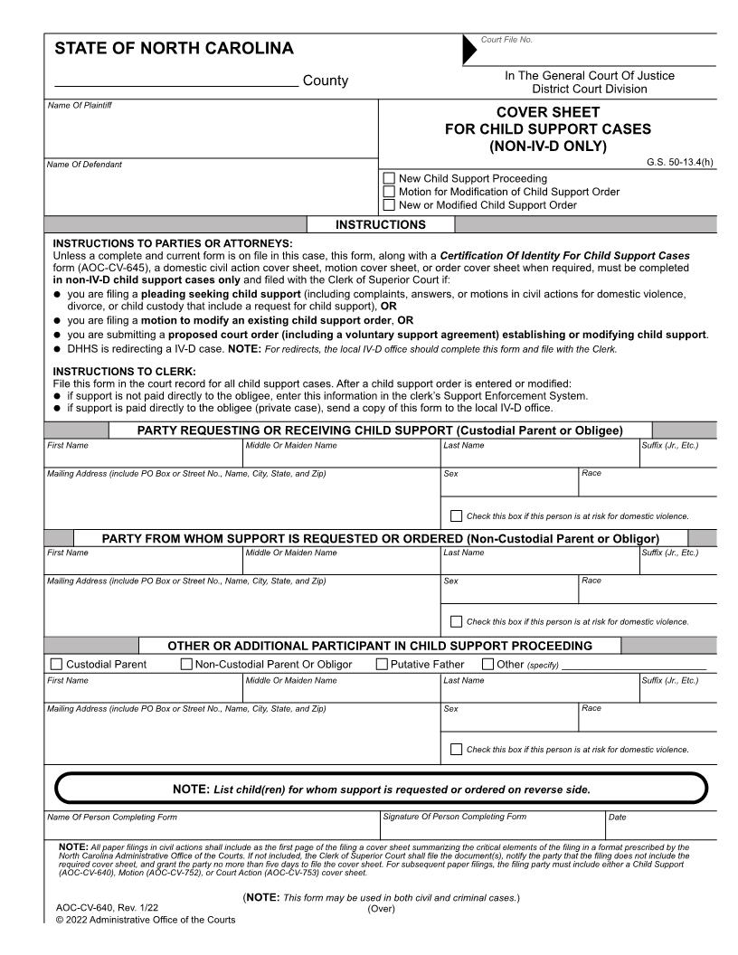 Cover Sheet For Child Support Cases Nov IV D Only {CV-640} | Pdf Fpdf Doc Docx | North Carolina