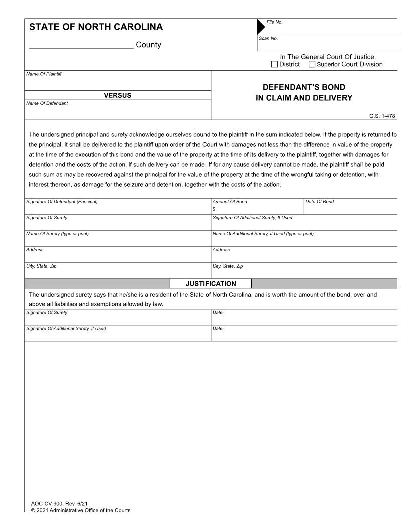 Defendants Bond In Claim And Delivery {CV-900M} | Pdf Fpdf Doc Docx | North Carolina