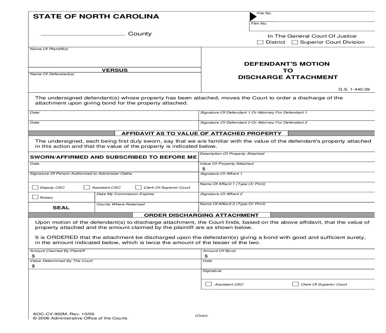Defendants Motion To Discharge Attachment {CV-902M} | Pdf Fpdf Doc Docx | North Carolina