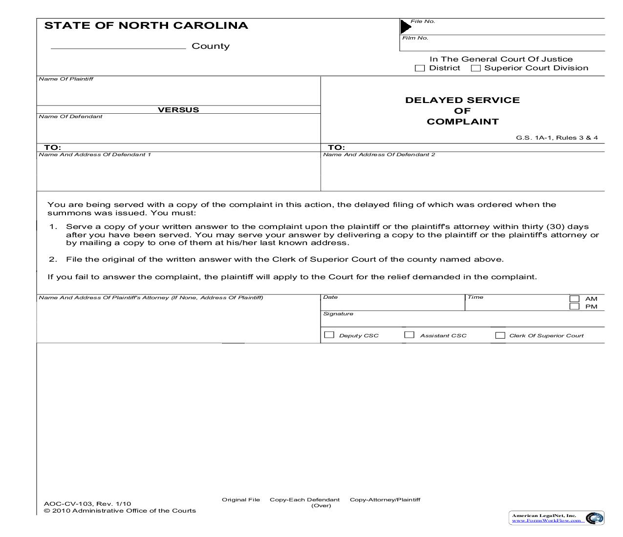Delayed Service Of Complaint {CV-103} | Pdf Fpdf Doc Docx | North Carolina
