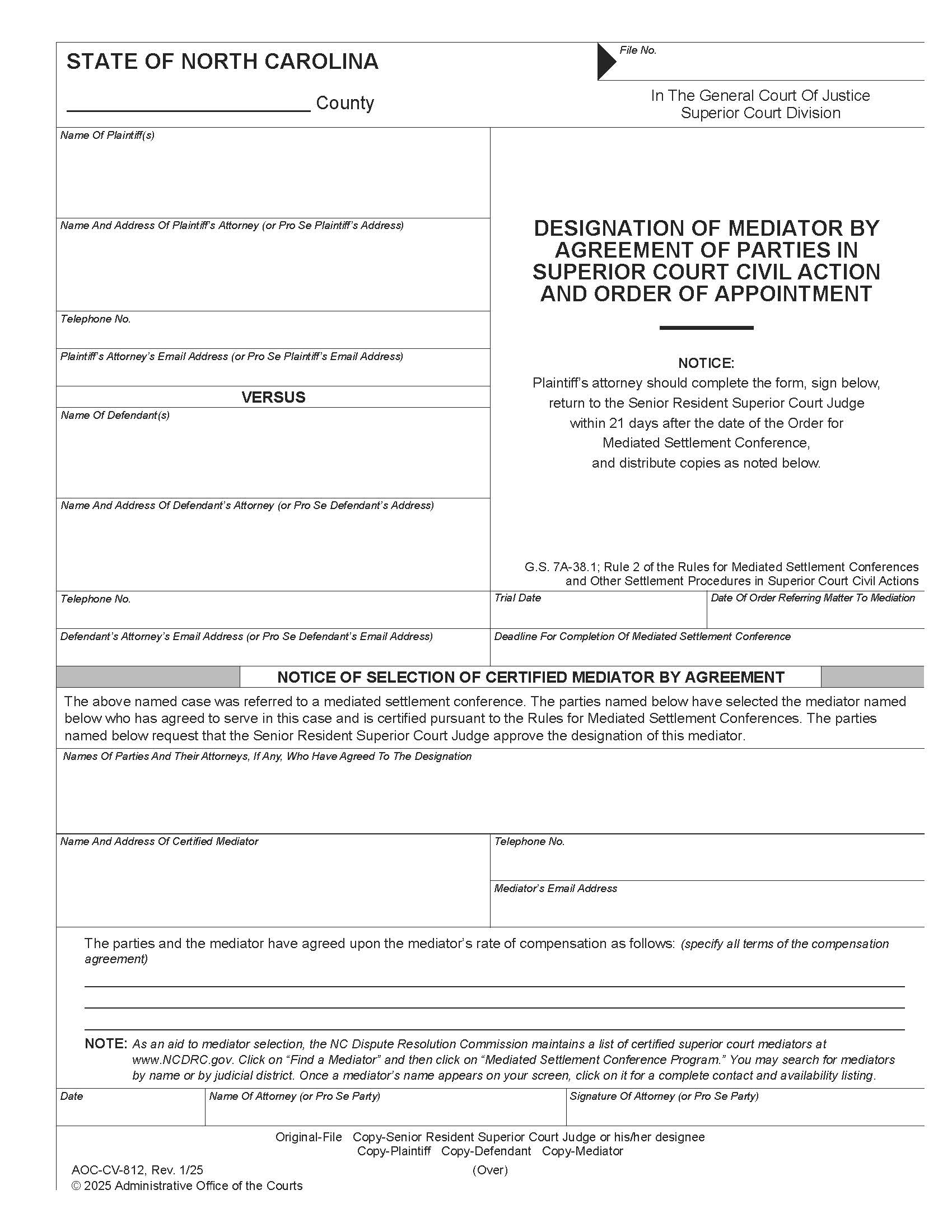 Designation Of Mediator {CV-812} | Pdf Fpdf Doc Docx | North Carolina