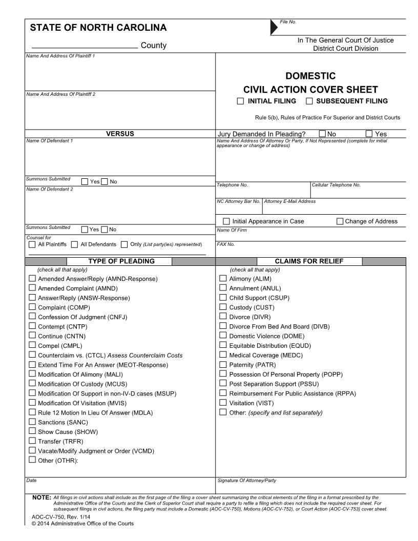Domestic Civil Action Cover Sheet {CV-750} | Pdf Fpdf Doc Docx | North Carolina