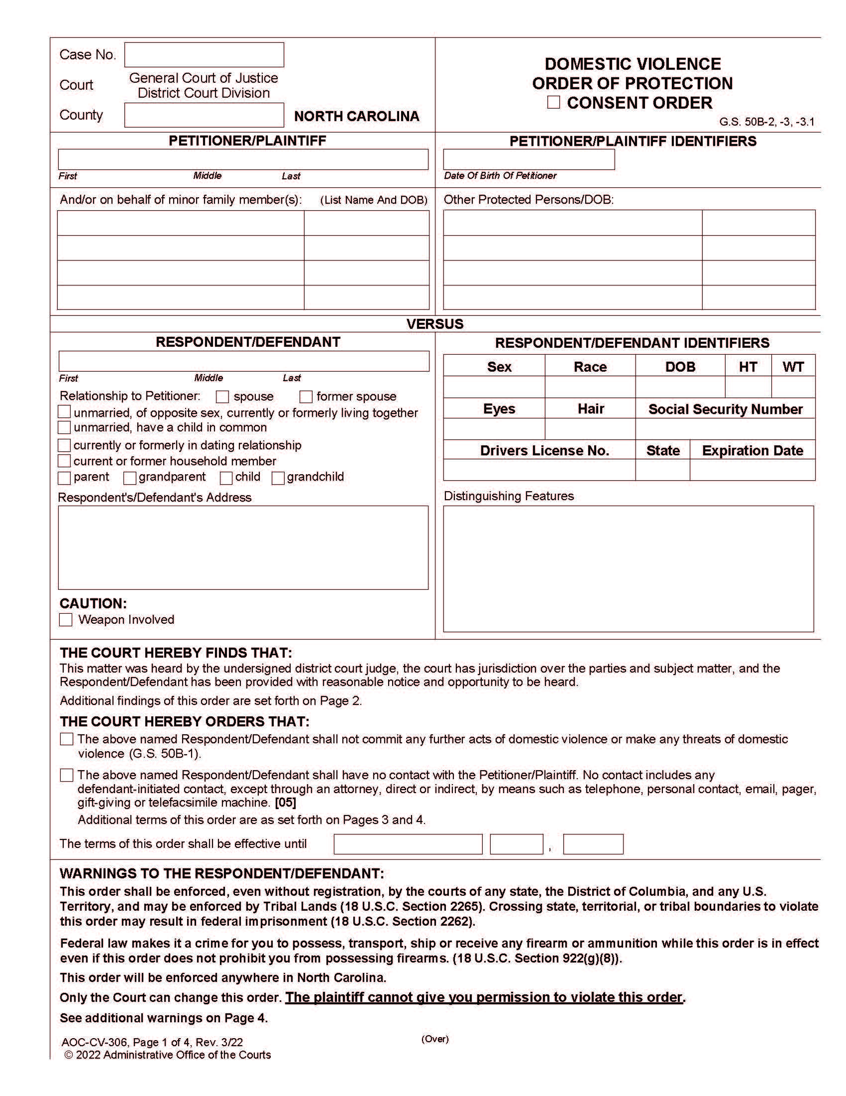 Domestic Violence Order Of Protection {CV-306} | Pdf Fpdf Doc Docx | North Carolina