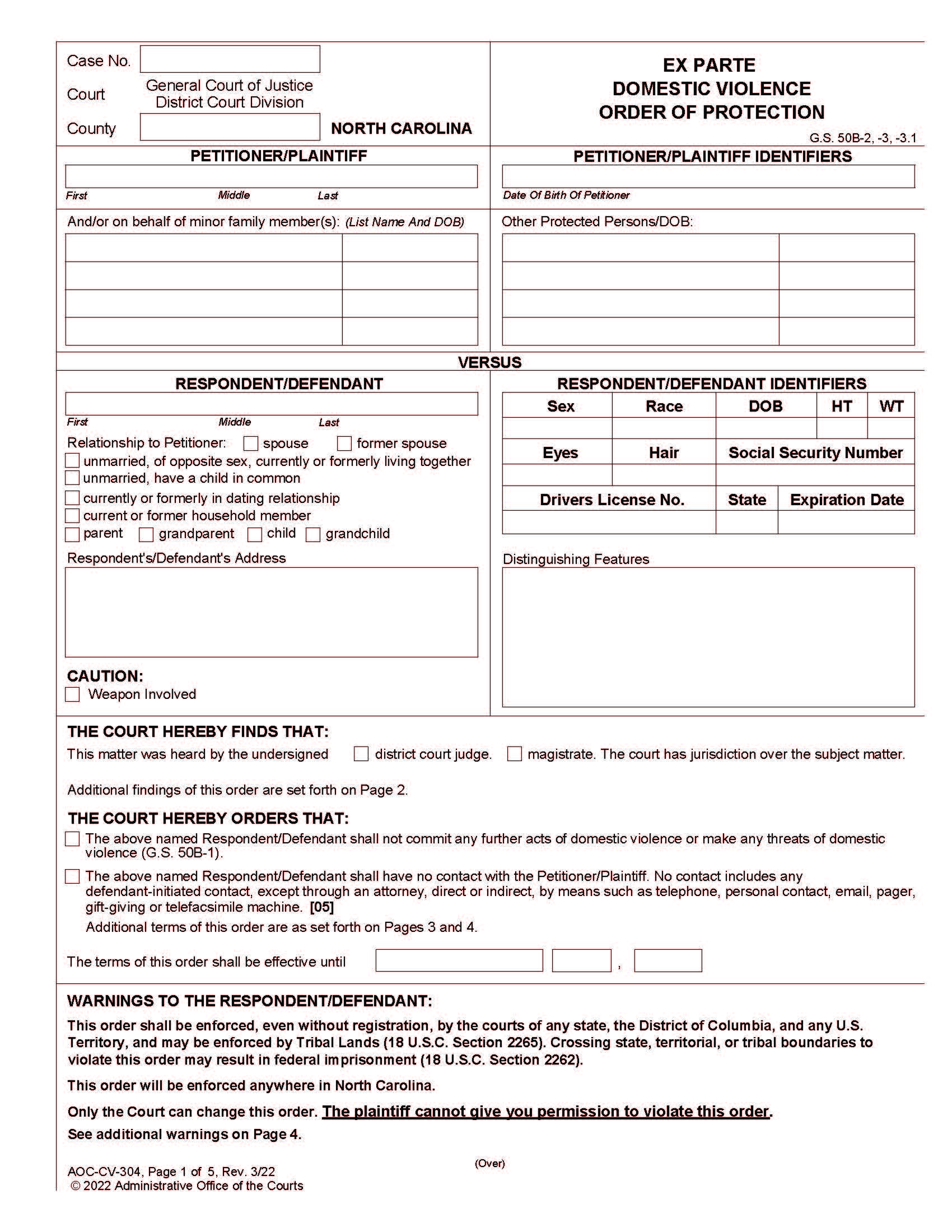 Ex Parte Domestic Violence Order Of Protection {CV-304} | Pdf Fpdf Doc Docx | North Carolina