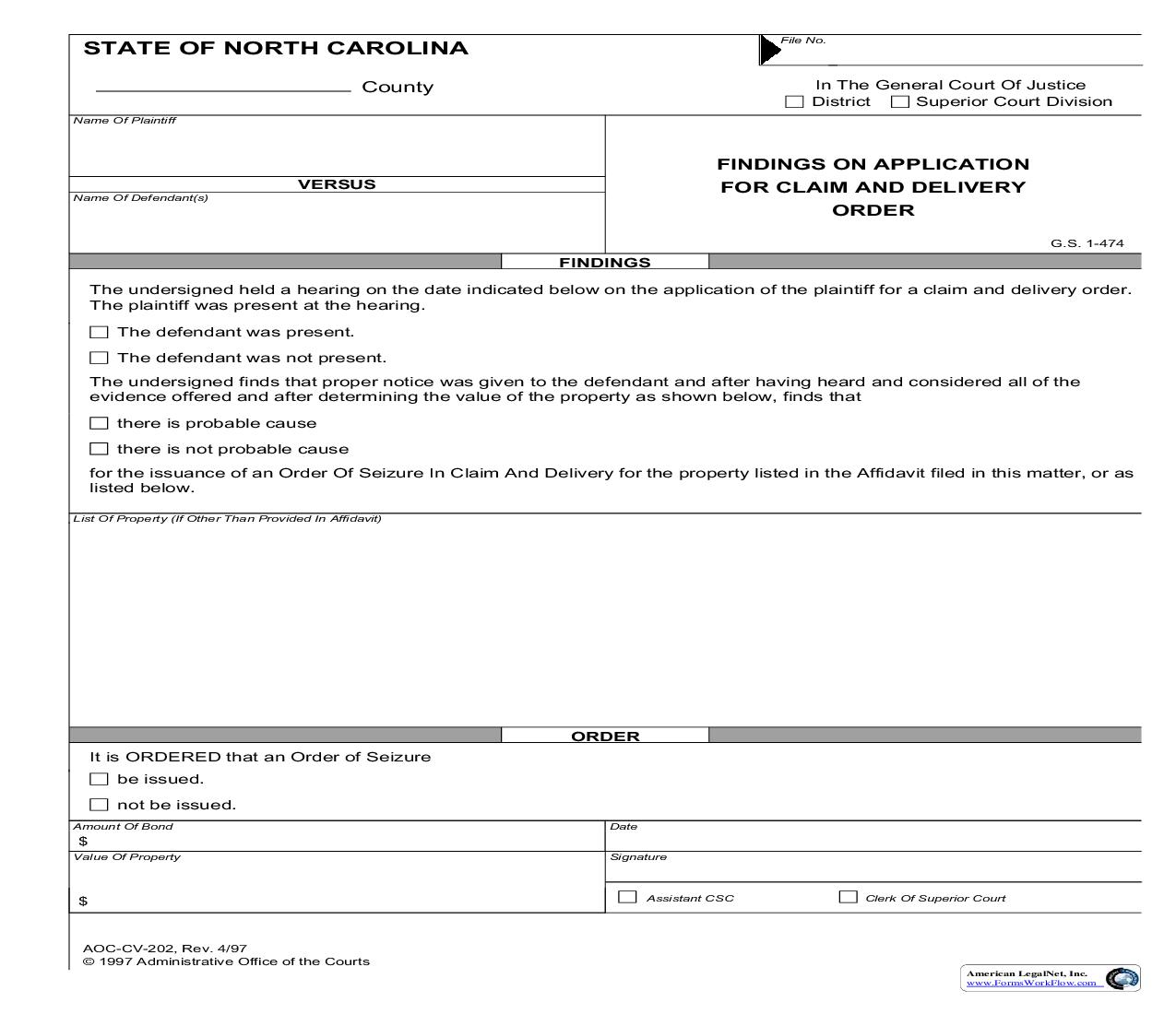 Findings On Application For Claim And Delivery Order {CV-202} | Pdf Fpdf Doc Docx | North Carolina