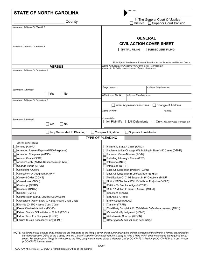 General Civil Action Cover Sheet {CV-751} | Pdf Fpdf Doc Docx | North Carolina