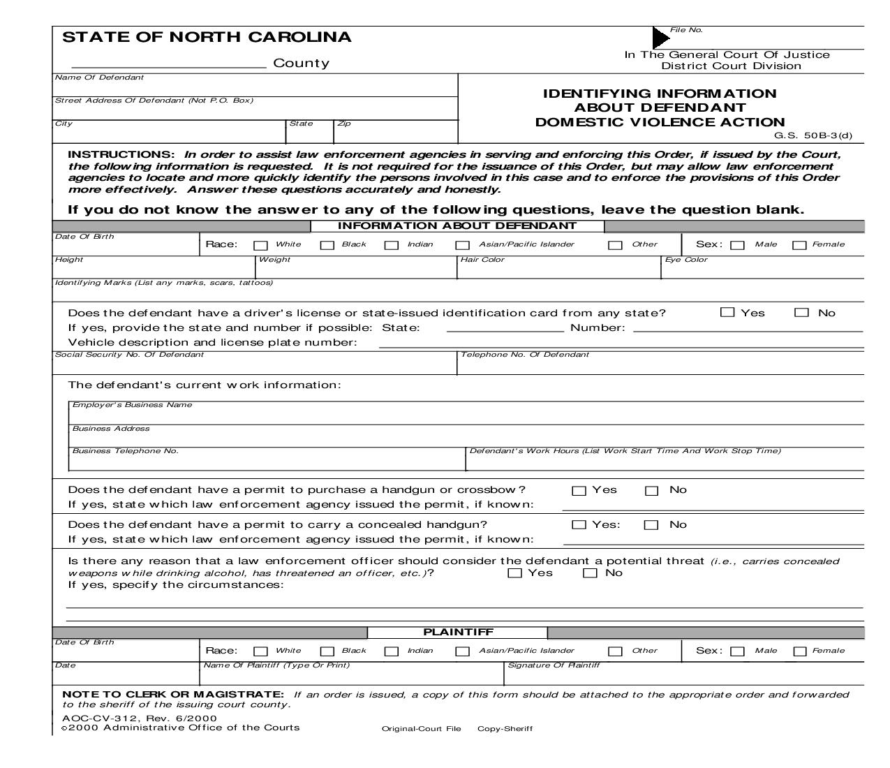 Identifying Information about Defendant Domestic Violence Action {CV-312} | Pdf Fpdf Doc Docx | North Carolina