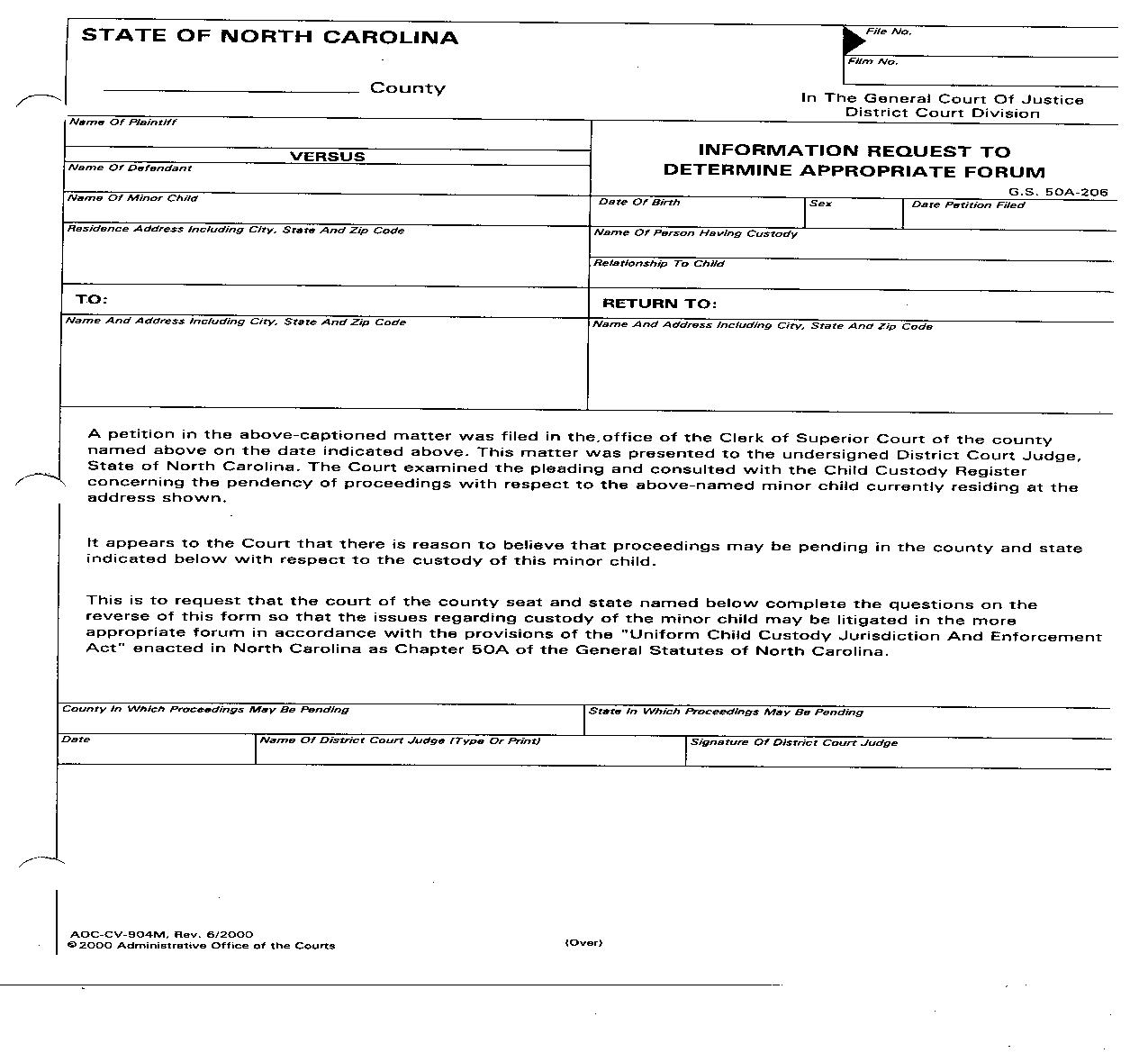Information Request To Determine Appropriate Forum {CV-904M} | Pdf Fpdf Doc Docx | North Carolina