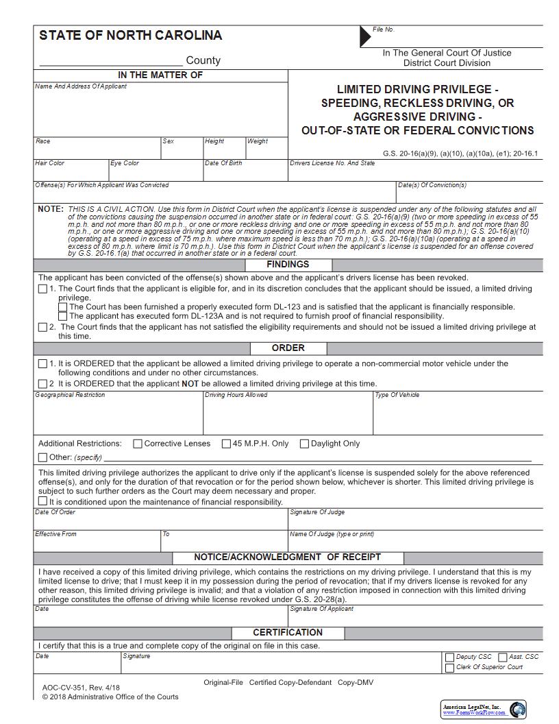 Limited Driving Privilege Speeding Out Of County Out Of State Or Federal Convictions {CV-351} | Pdf Fpdf Docx | North Carolina