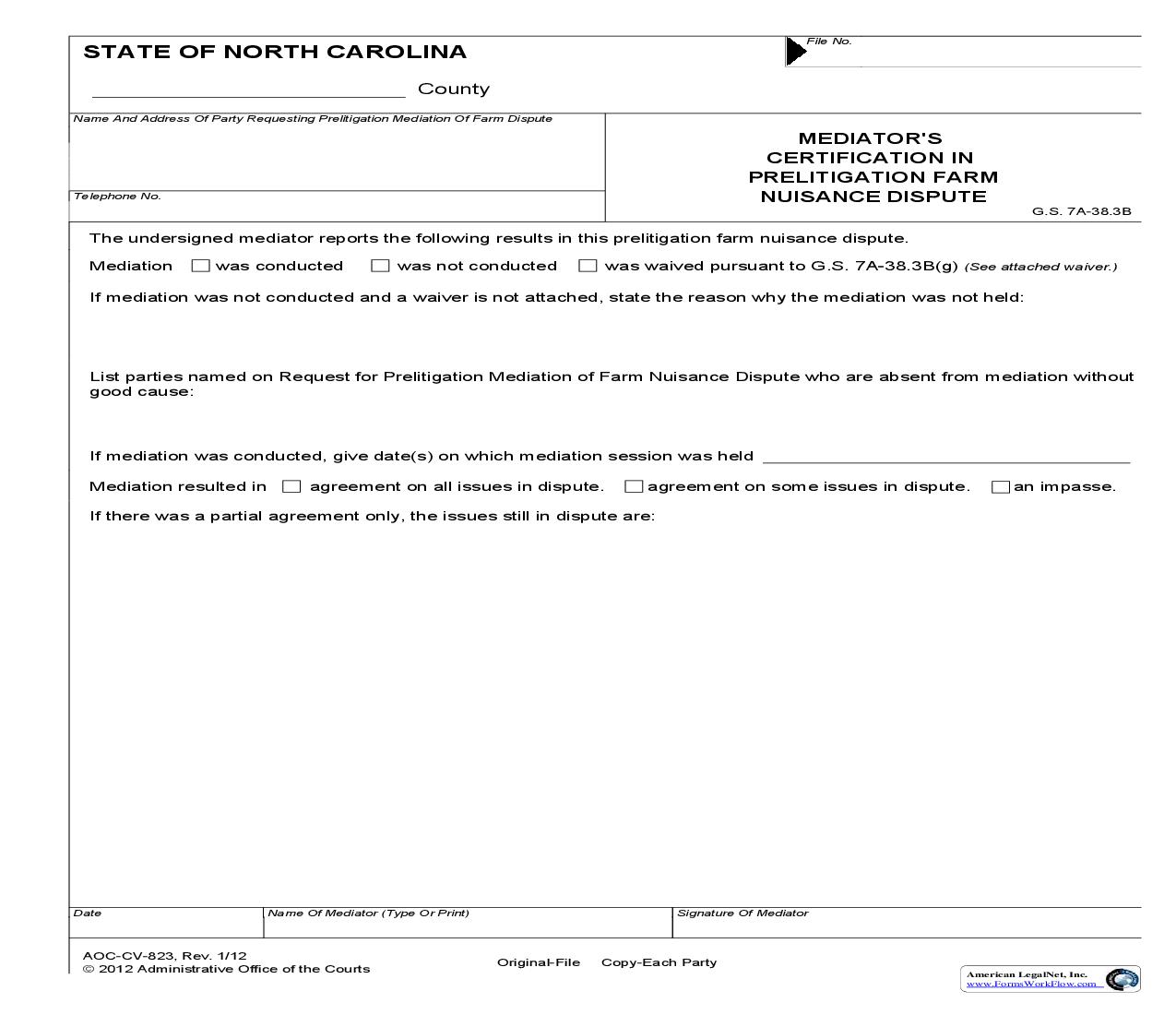 Mediators Certification In Prelitigation Farm Nuisance Dispute {CV-823} | Pdf Fpdf Doc Docx | North Carolina