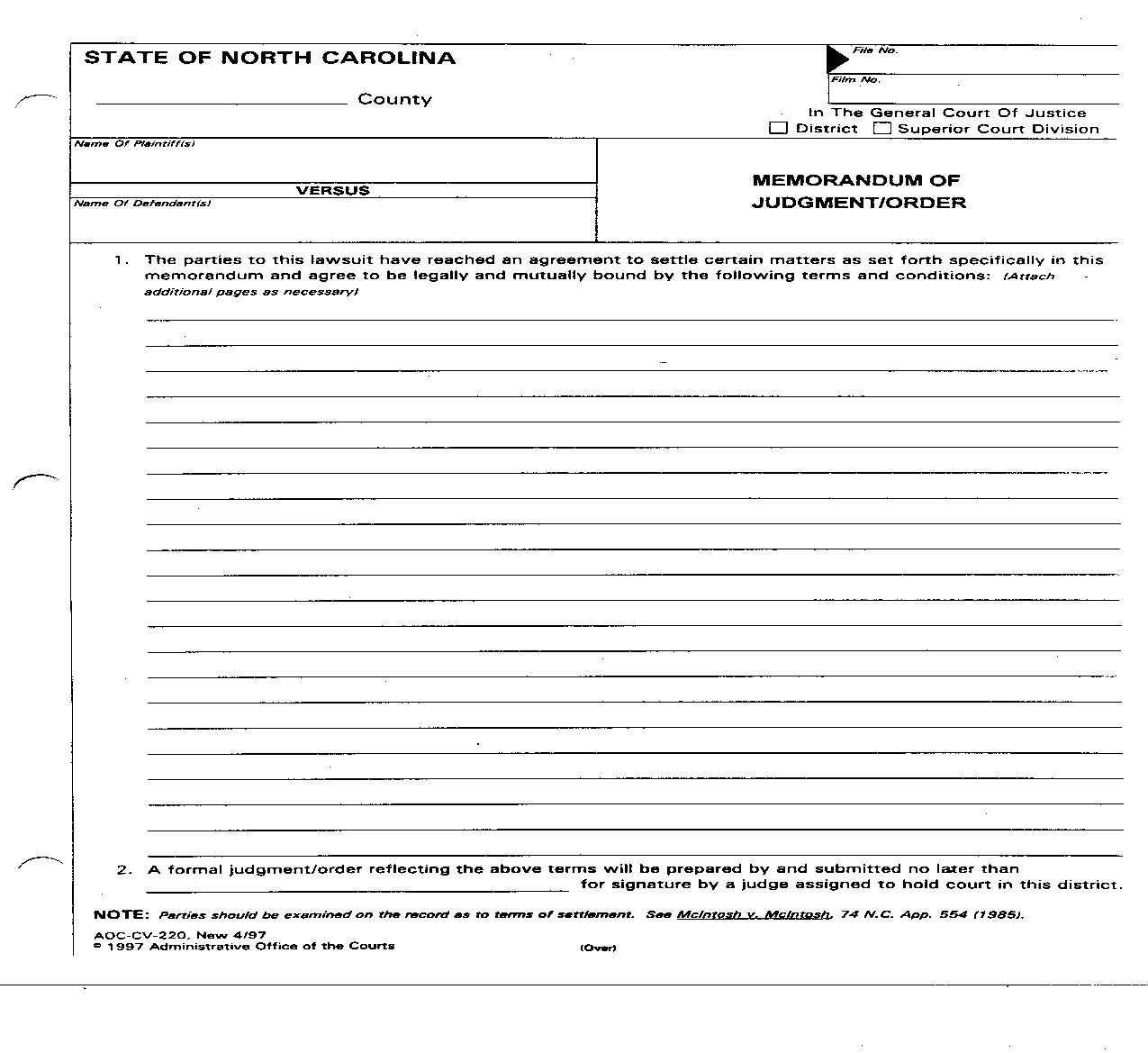 Memorandum Of Judgment Order {CV-220} | Pdf Fpdf Doc Docx | North Carolina