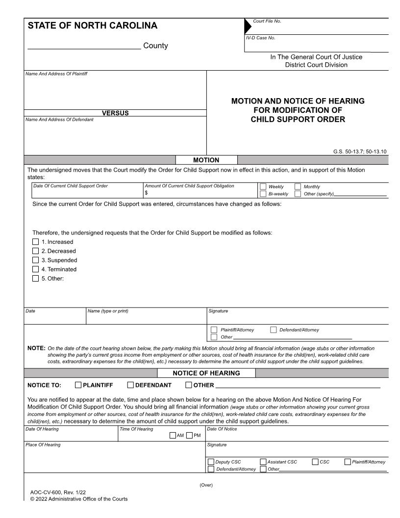 Motion And Notice Of Hearing For Modification Of Child Support Order {CV-600} | Pdf Fpdf Doc Docx | North Carolina