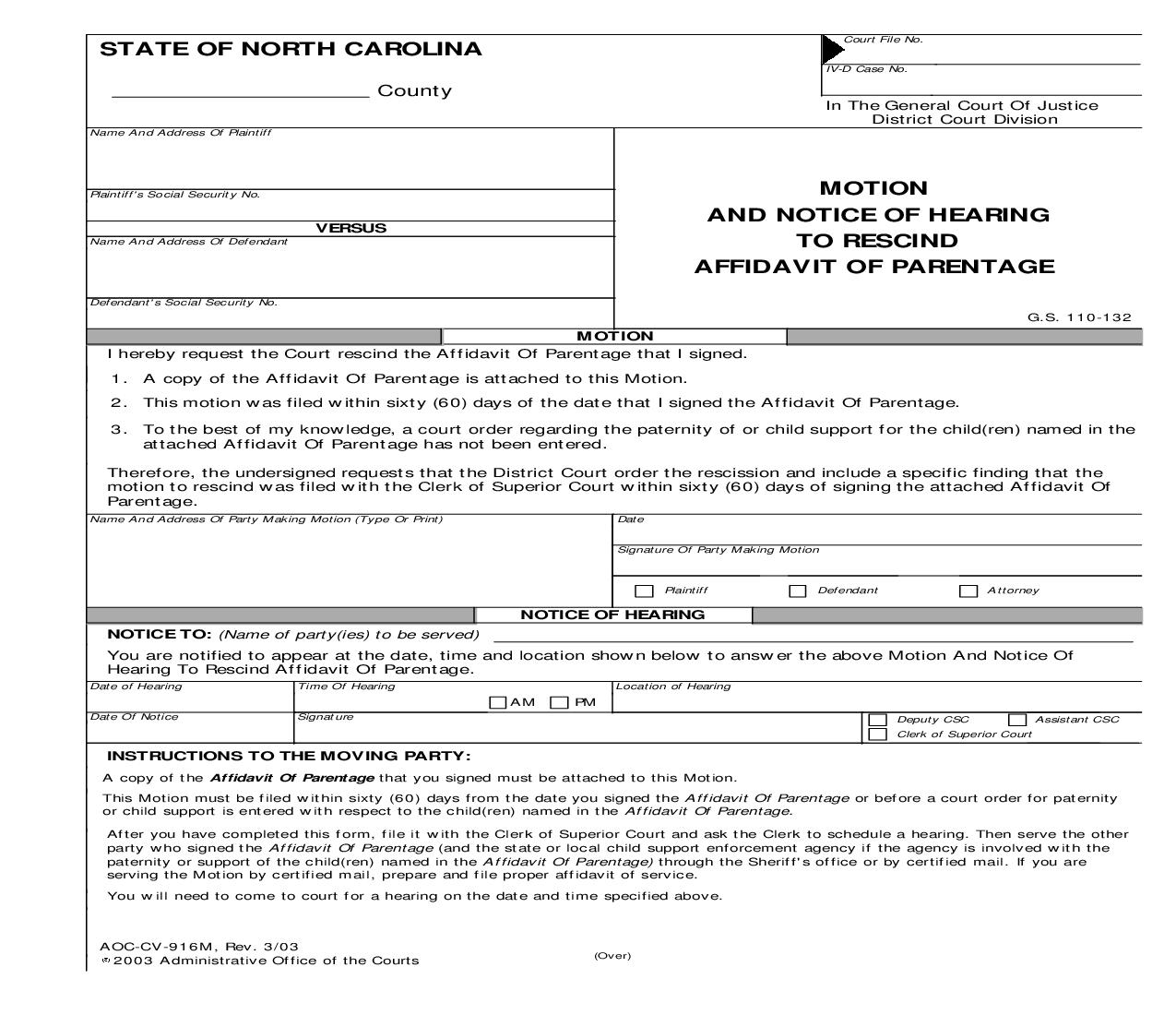 Motion And Notice Of Hearing To Rescind Affidavit Of Parentage {CV-916M} | Pdf Fpdf Doc Docx | North Carolina