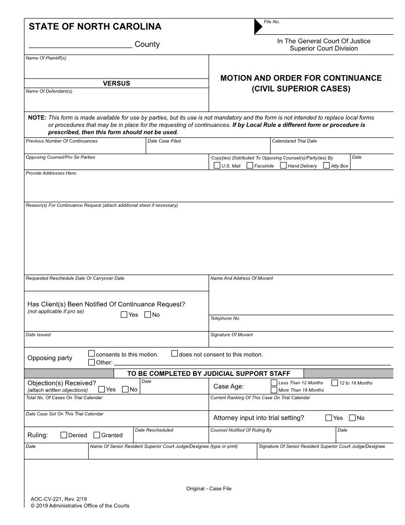 Motion And Order For Continuance {AOC-CV-221} | Pdf Fpdf Docx | North Carolina