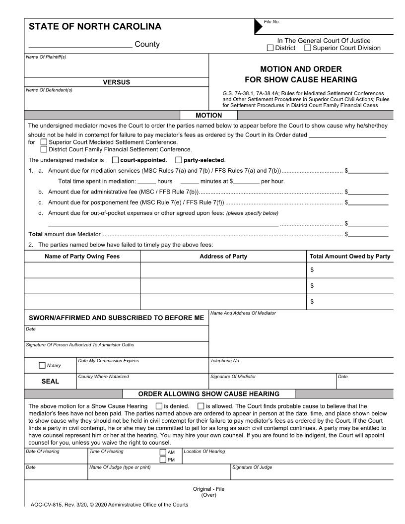 Motion And Order For Show Cause Hearing {CV-815} | Pdf Fpdf Doc Docx | North Carolina
