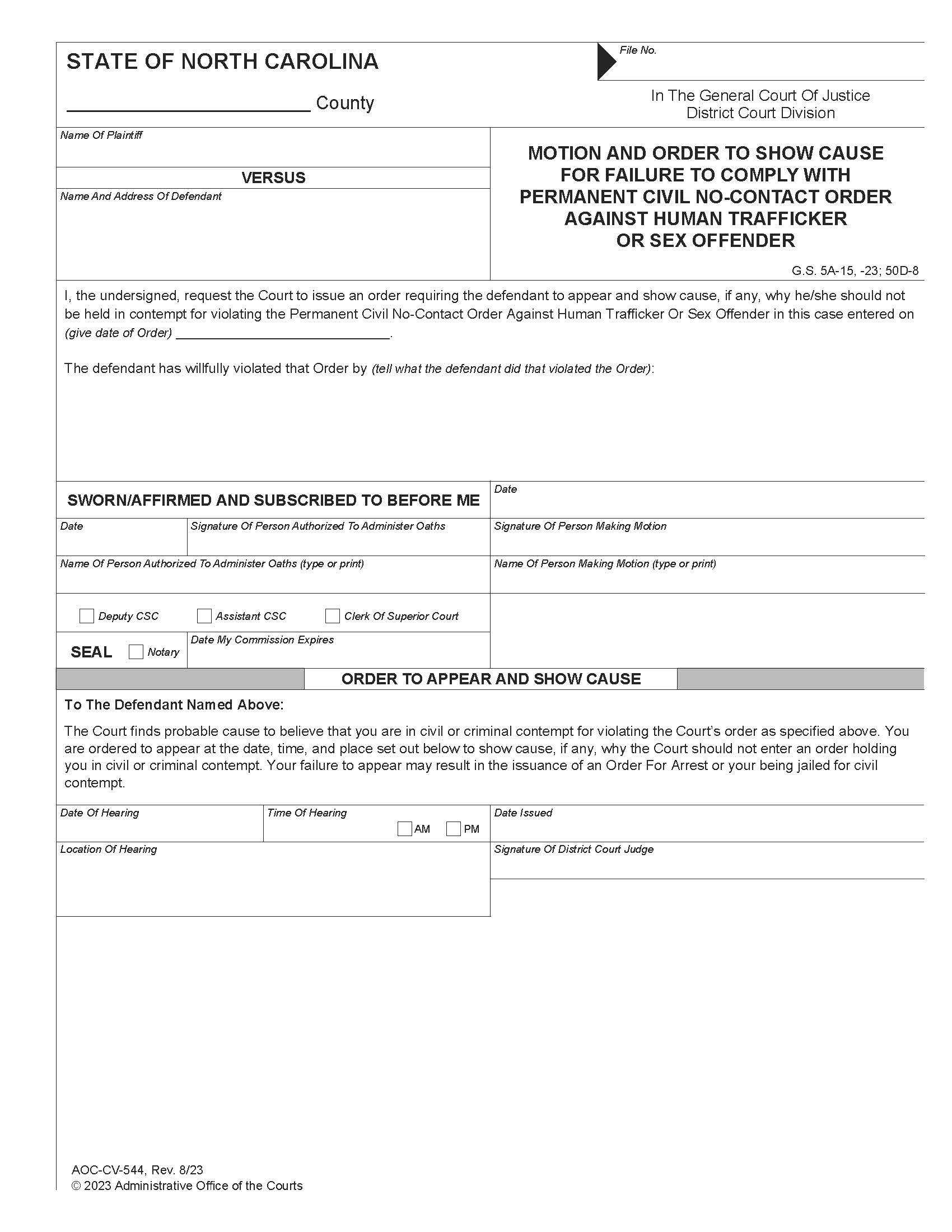 Motion And Order To Show Cause For Failure To Comply (Sex Offender) {CV-544} | Pdf Fpdf Docx | North Carolina