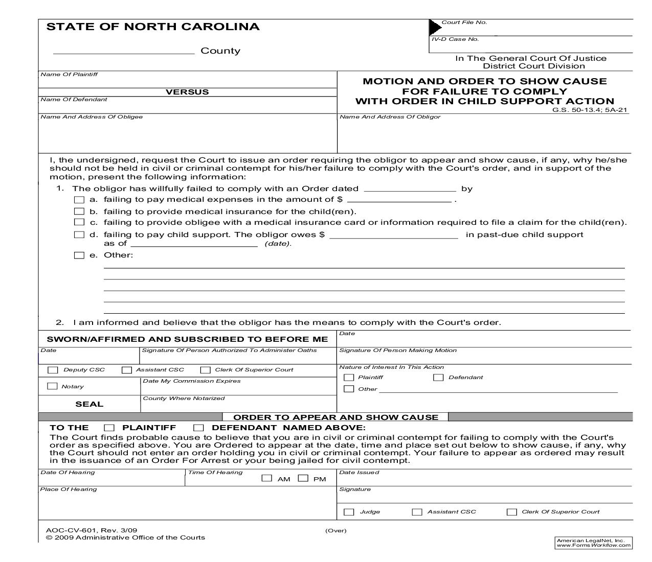 Motion And Order To Show Cause For Failure To Comply With Order In Child Support Action {CV-601} | Pdf Fpdf Doc Docx | North Carolina