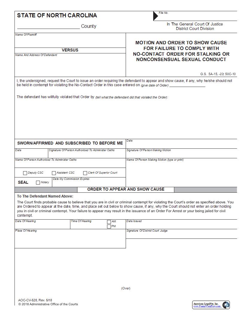 Motion And Order To Show Cause-Failure To Comply (Stalking-Nonconsensual Sexual Conduct) {CV-528} | Pdf Fpdf Docx | North Carolina
