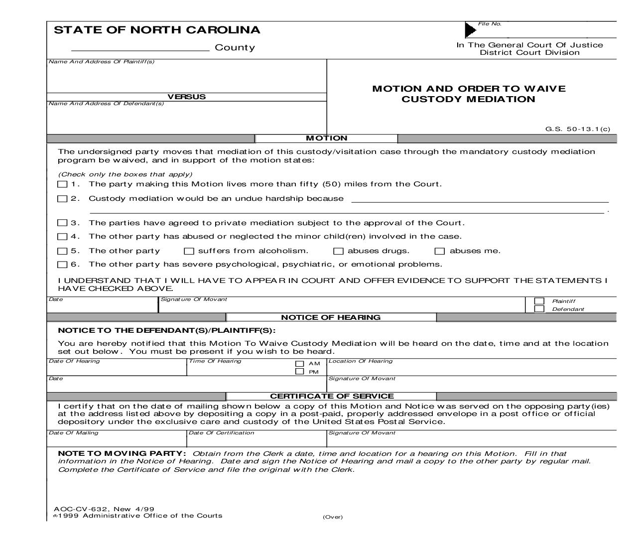 Motion And Order To Waive Custody Mediation {CV-632} | Pdf Fpdf Doc Docx | North Carolina