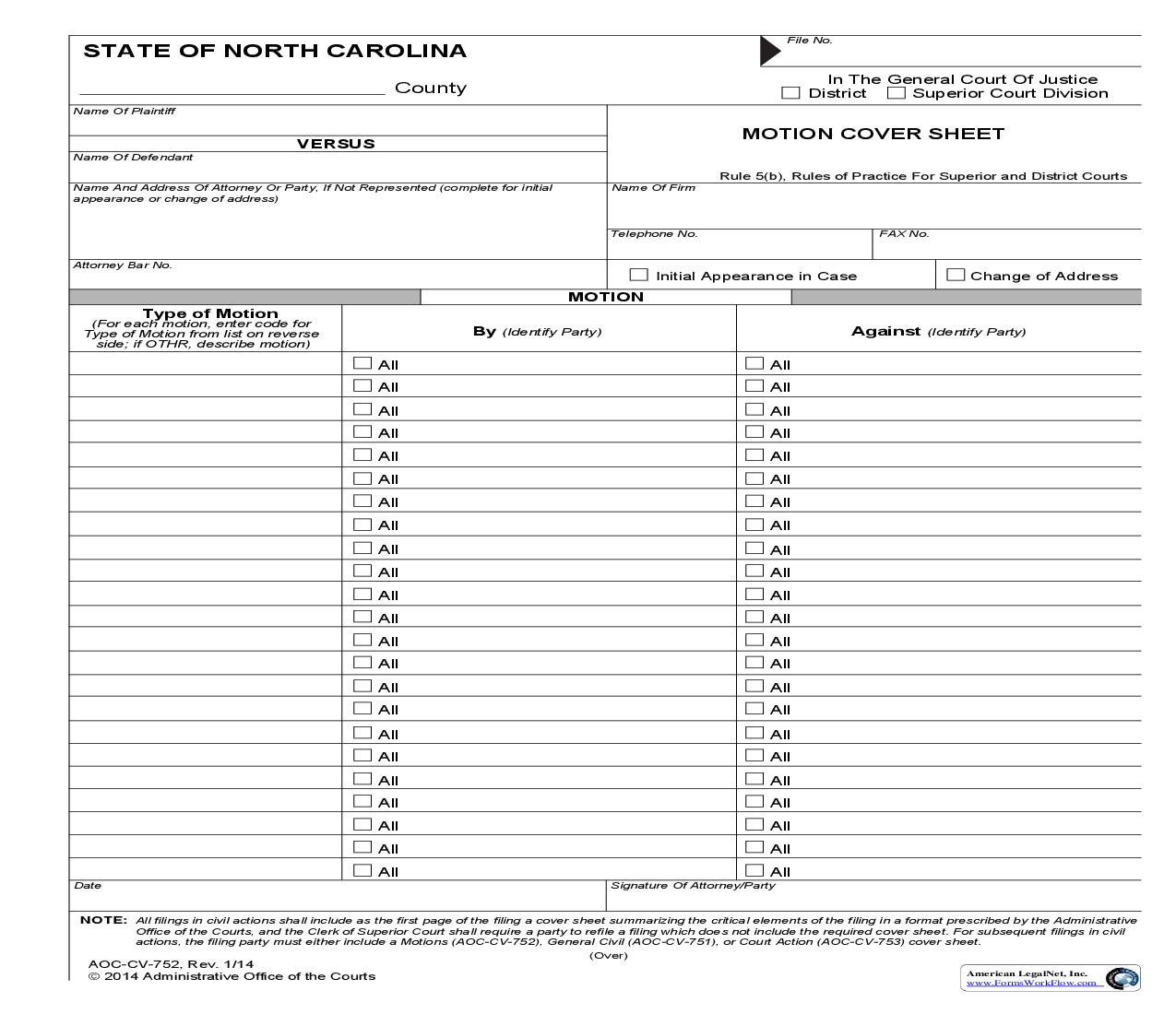 Motion Cover Sheet {CV-752} | Pdf Fpdf Doc Docx | North Carolina