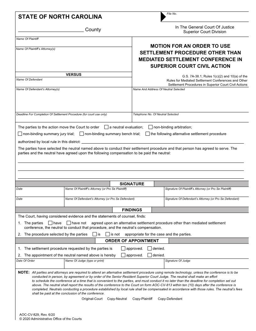 Motion For An Order To Use Settlement Procedure {CV-829} | Pdf Fpdf Docx | North Carolina