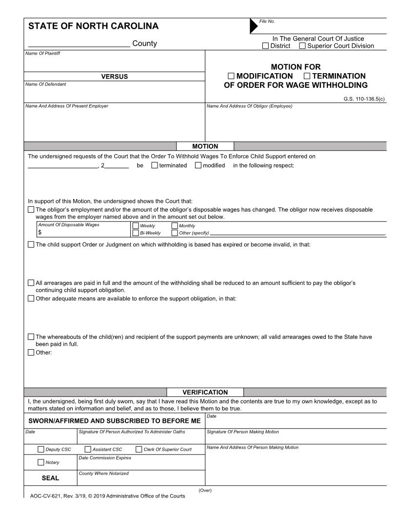 Motion For Modification Termination Of Order For Wage Withholding {CV-621} | Pdf Fpdf Doc Docx | North Carolina