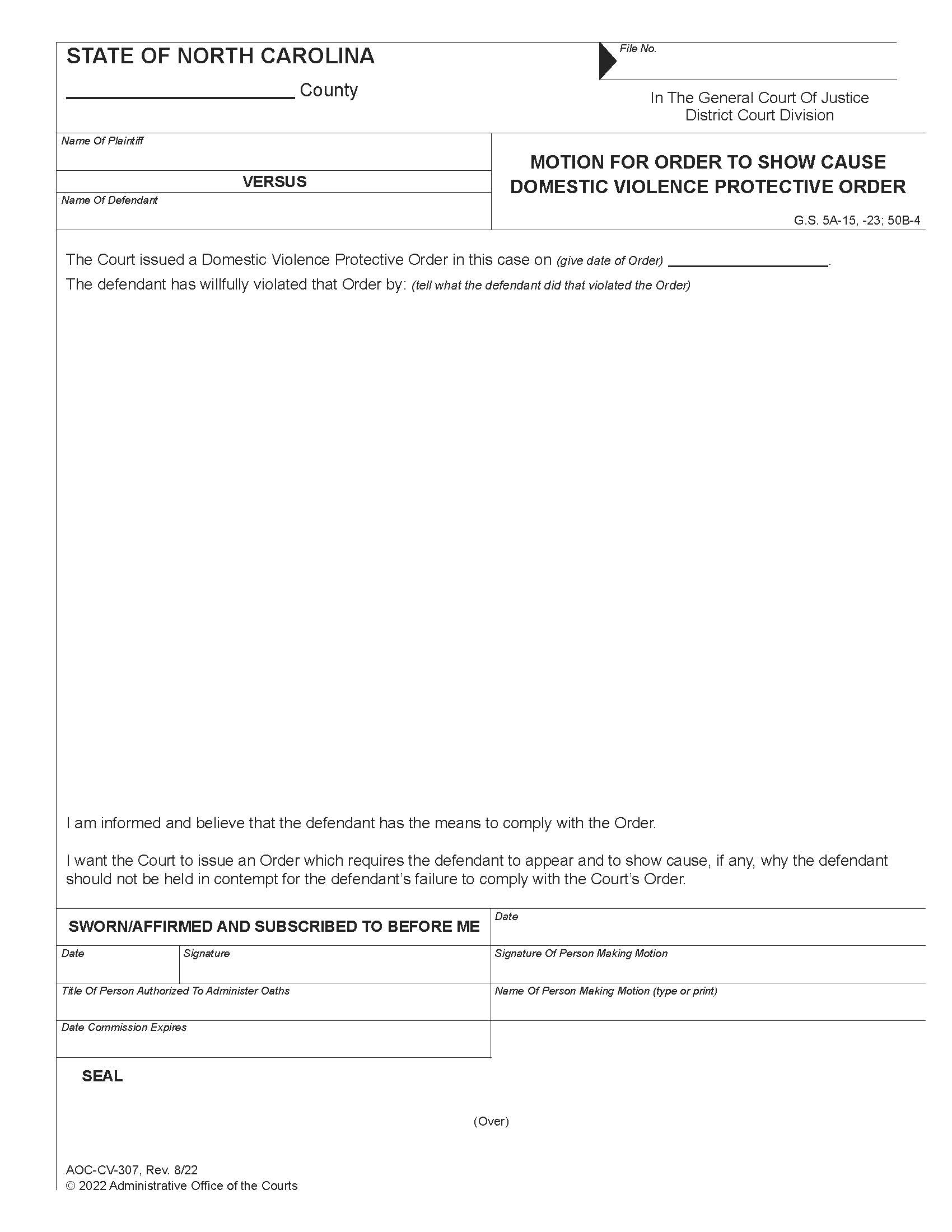 Motion For Order To Show Cause Domestic Violence Protective Order {CV-307} | Pdf Fpdf Doc Docx | North Carolina