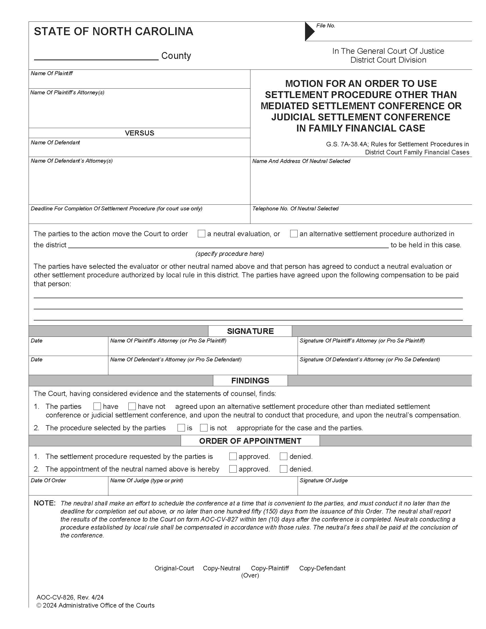 Motion For Order To Use Settlement Procedure Other Than Mediated Or Judicial Settlement Conference In Family Financial Case {CV-826} | Pdf Fpdf Doc Docx | North Carolina