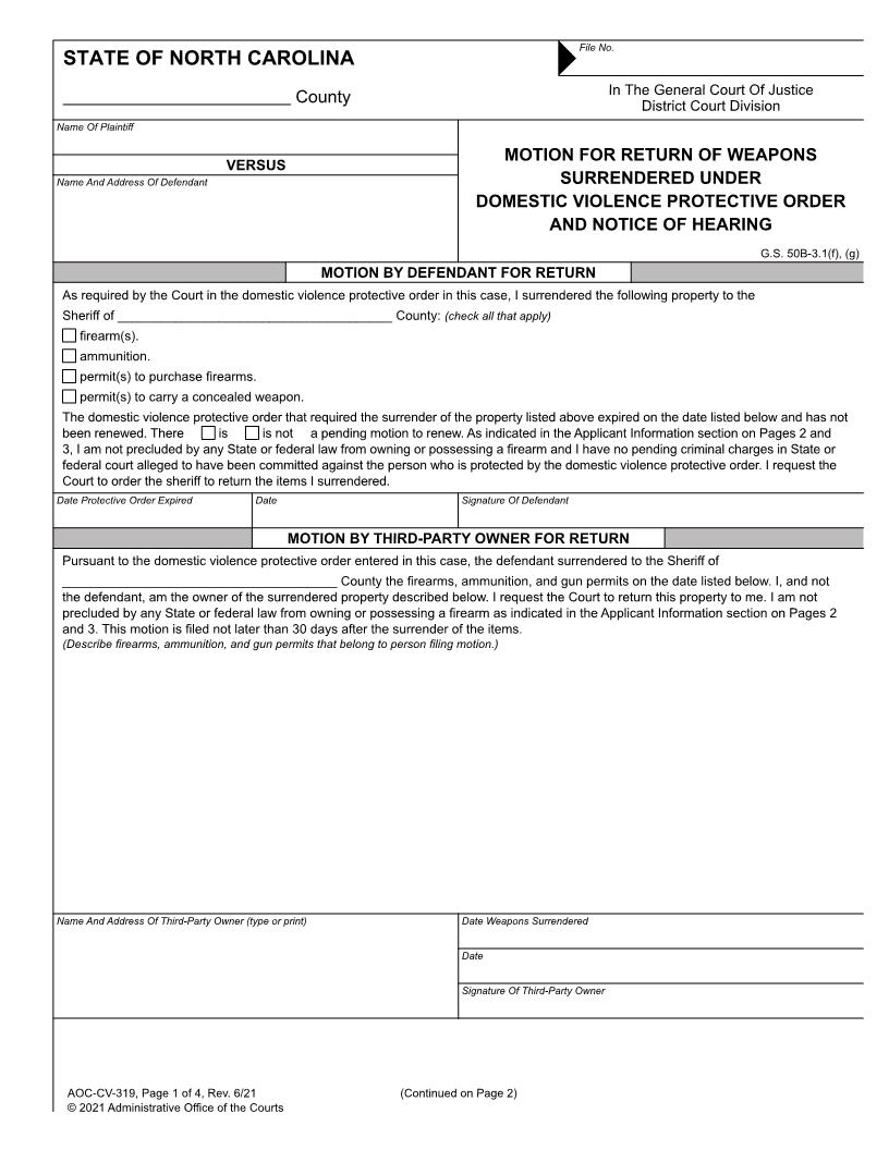 Motion For Return Of Weapons Surrendered Under Domestic Violence Proctective Order And Notice Of Hearing {CV-319} | Pdf Fpdf Doc Docx | North Carolina