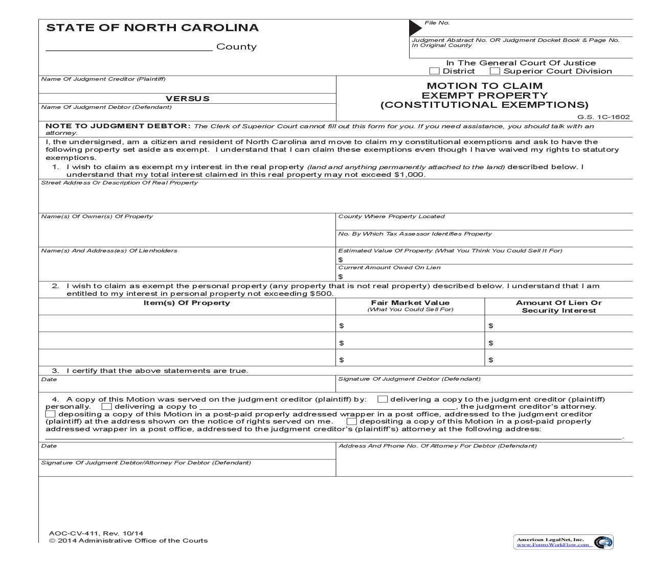 Motion To Claim Exempt Property Constitutional Exemptions {CV-411} | Pdf Fpdf Doc Docx | North Carolina