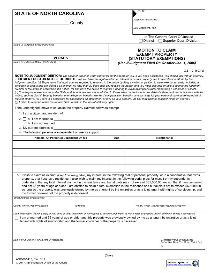 Motion To Claim Exempt Property Statutory Exemptions {CV-415} | Pdf Fpdf Docx | North Carolina
