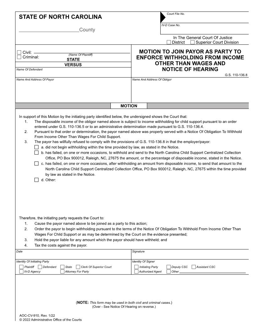 Motion To Join Payor As Party To Enforce Income Withholding And Notice Of Hearing {CV-910M} | Pdf Fpdf Doc Docx | North Carolina