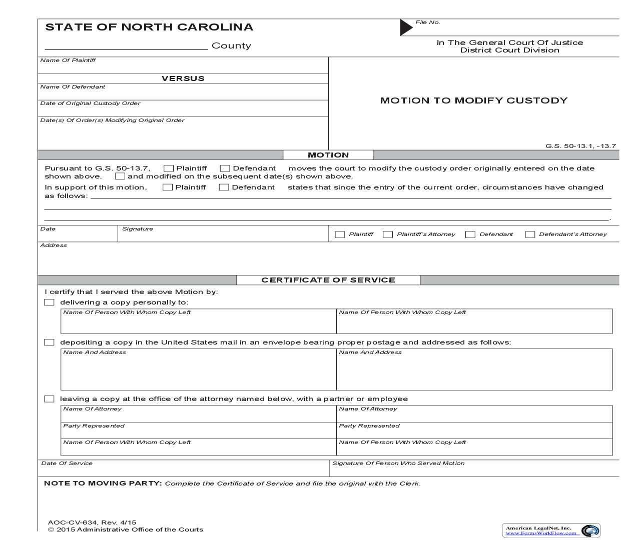 Motion To Modify Custody {CV-634} | Pdf Fpdf Doc Docx | North Carolina