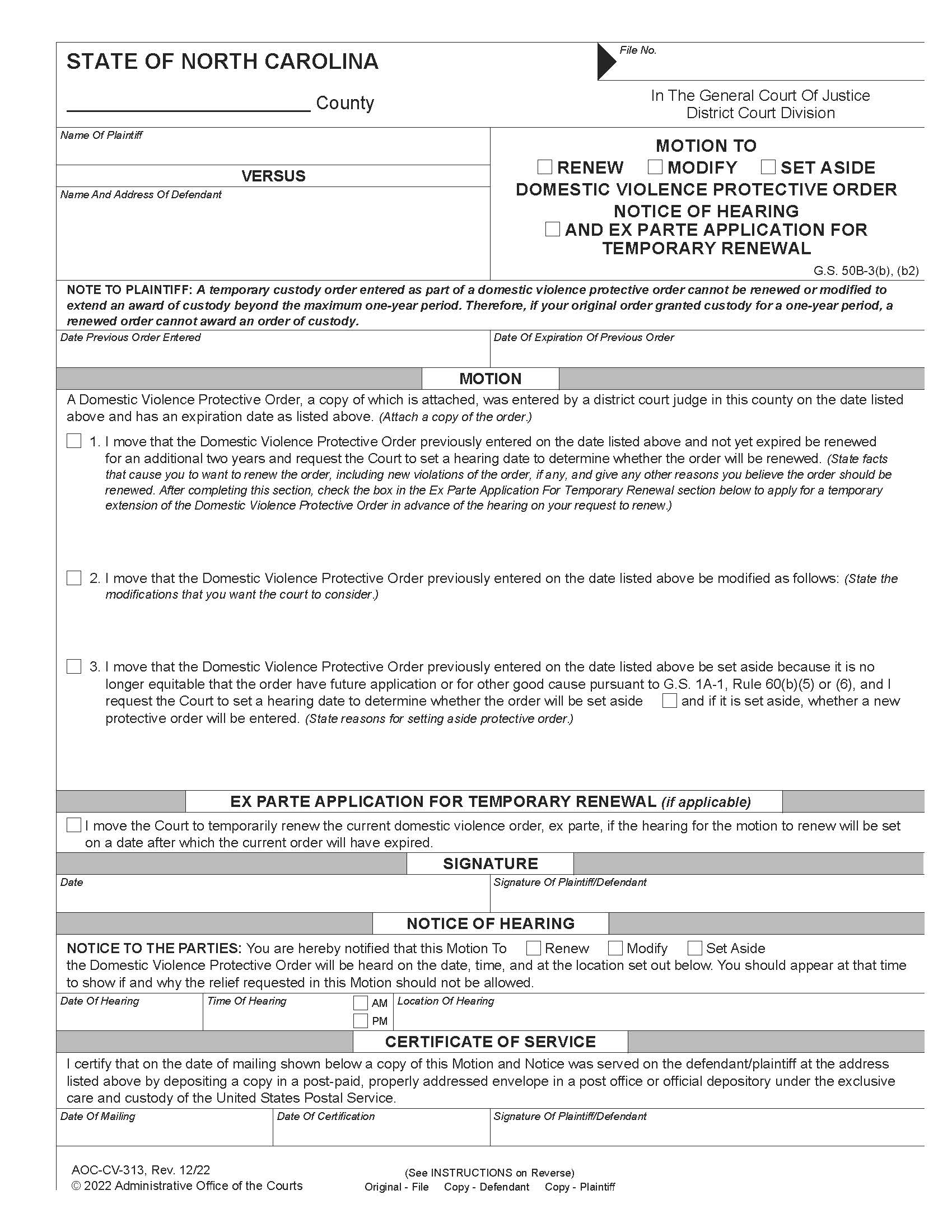 Motion To Renew Or Set Aside Domestic Violence Protective Order Notice of Hearing {CV-313} | Pdf Fpdf Docx | North Carolina
