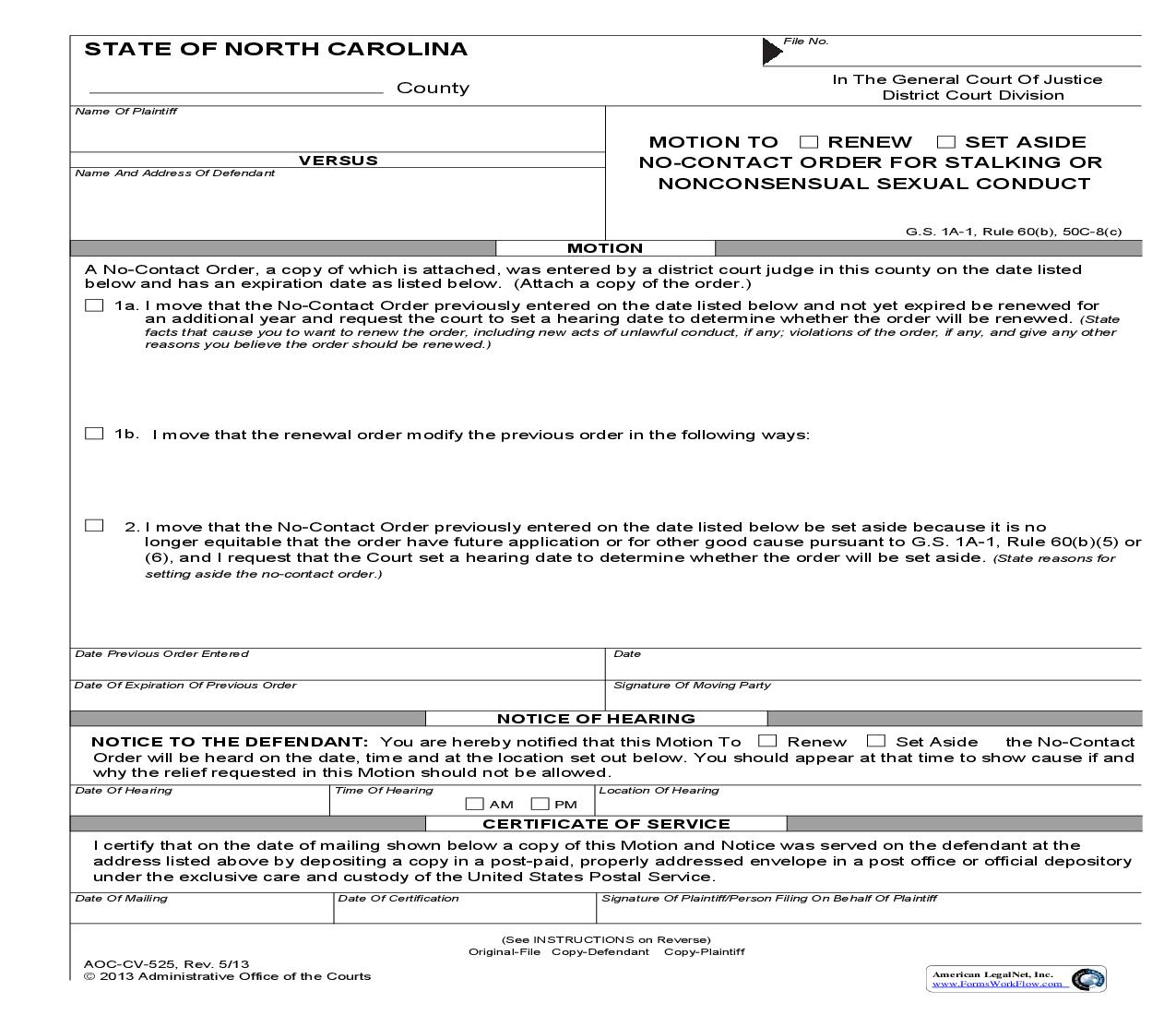 Motion To Renew Set Aside No Contact Order For Stalking Or Nonconsensual Sexual Conduct (CV-525} | Pdf Fpdf Doc Docx | North Carolina