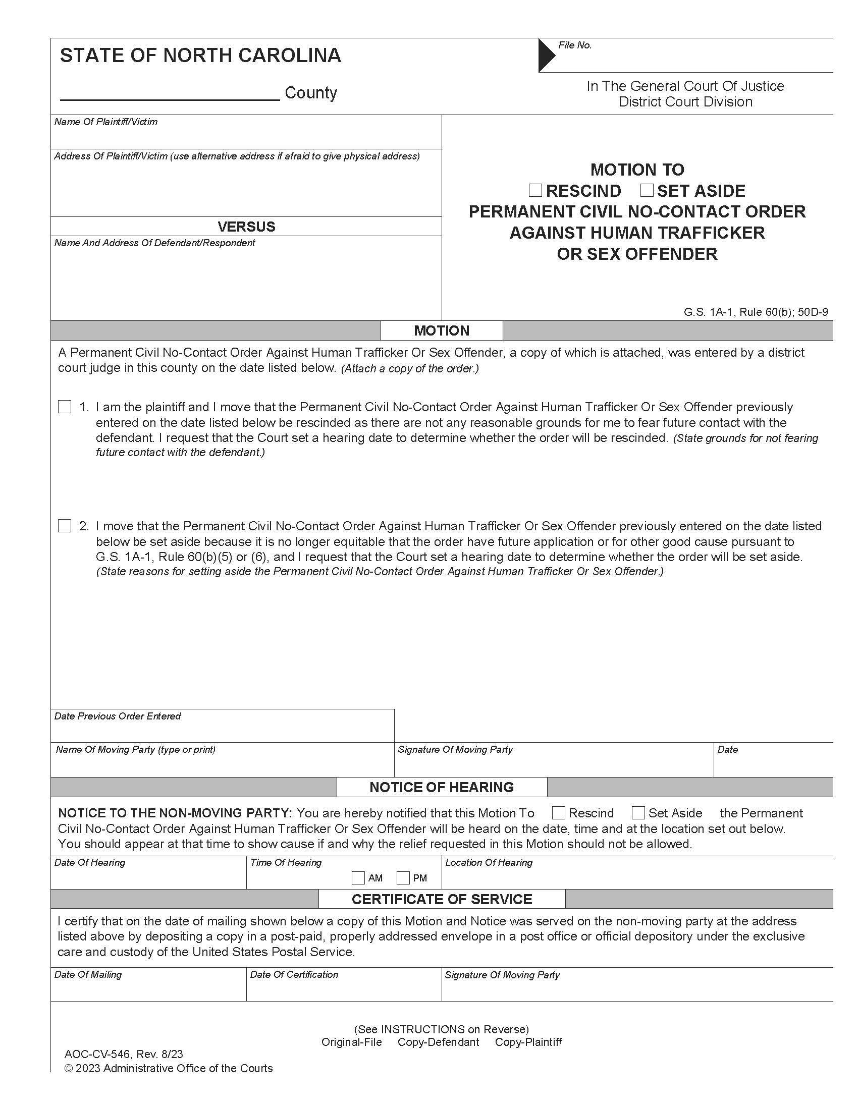 Motion To Rescind Set Aide Permanent Civil No Contact Order Against Sex Offender {CV-546} | Pdf Fpdf Doc Docx | North Carolina
