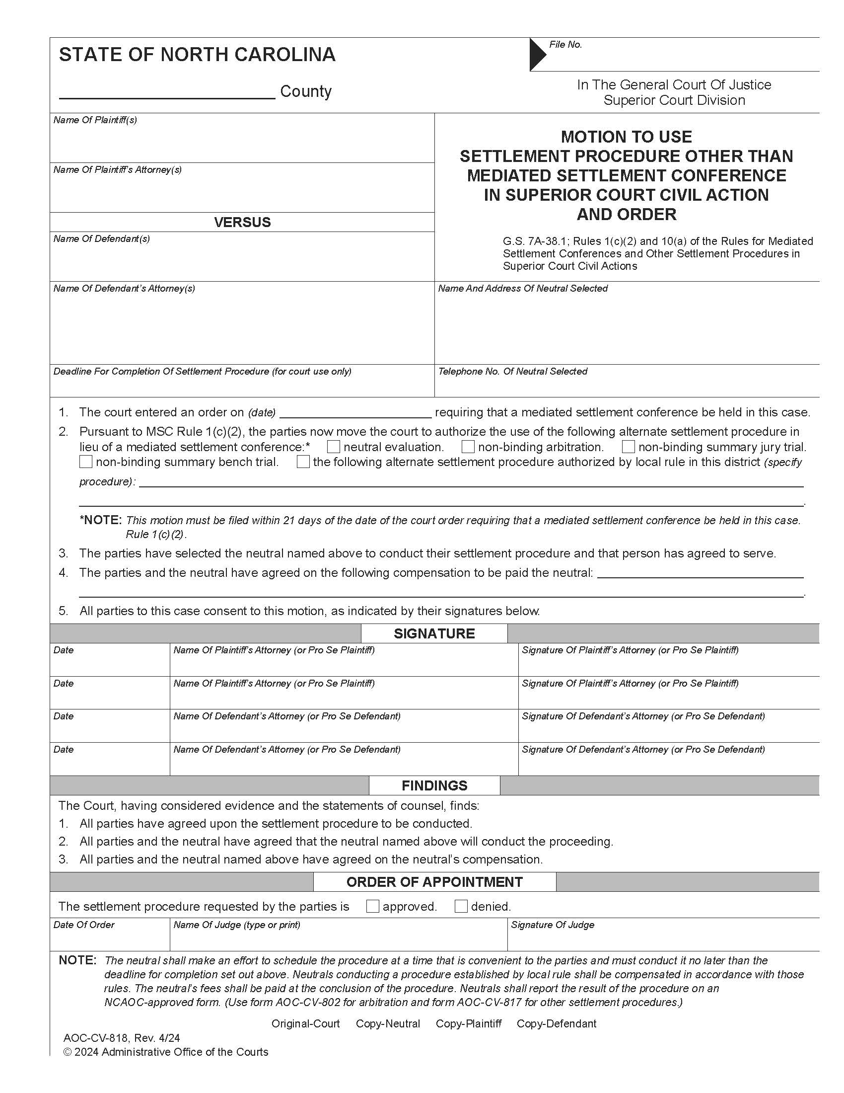 Motion To Use Settlement Procedure Other Than Mediated Settlement Conference {CV-818} | Pdf Fpdf Docx | North Carolina