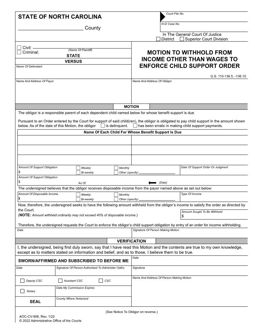 Motion To Withhold From Income Other Than Wages To Enforce Child Support Order {CV-906M} | Pdf Fpdf Doc Docx | North Carolina