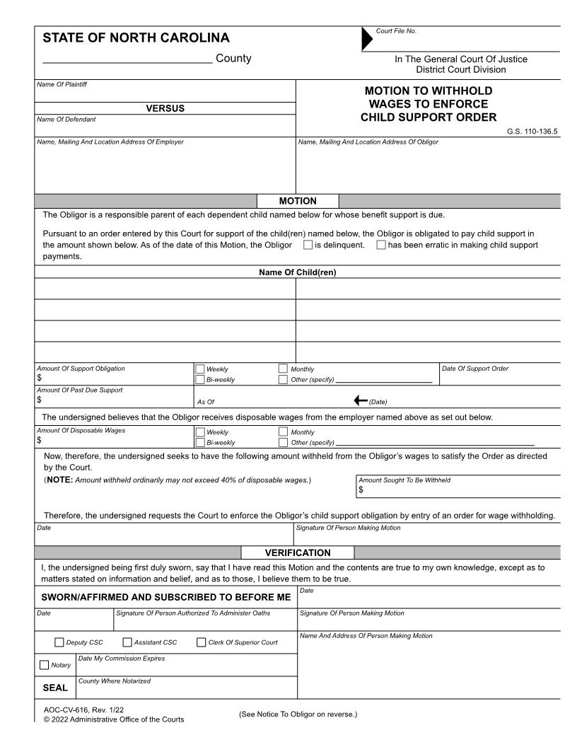 Motion To Withhold Wages To Enforce Child Support Order {CV-616} | Pdf Fpdf Doc Docx | North Carolina