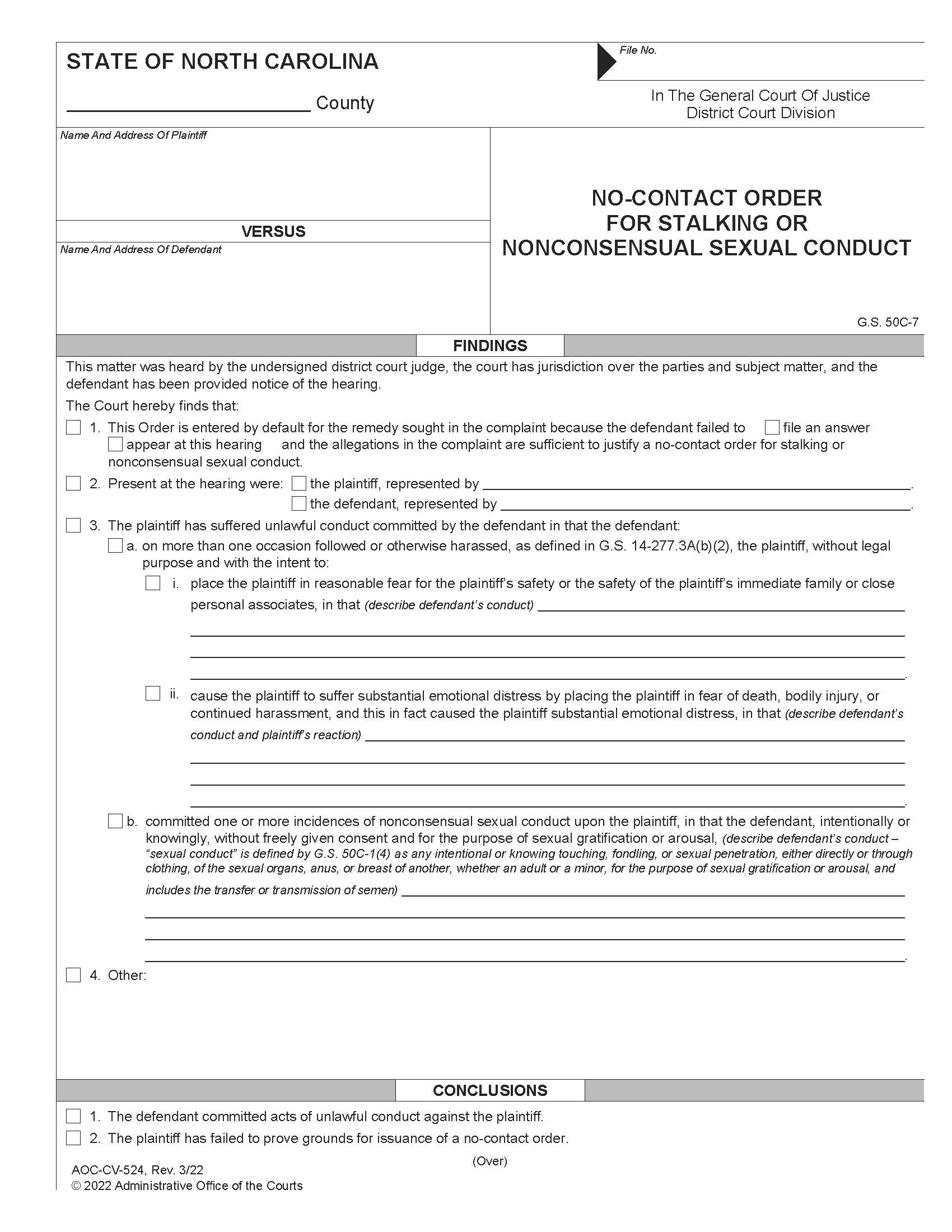 No Contact Order For Stalking Or Nonconsensual Sexual Conduct {CV-524} | Pdf Fpdf Doc Docx | North Carolina