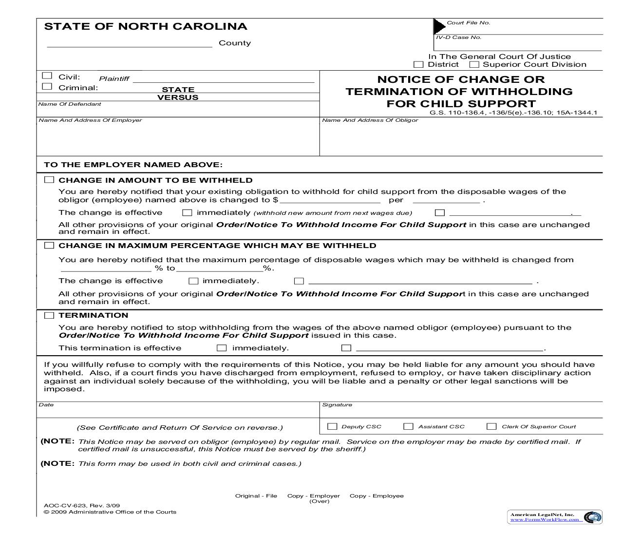 Notice Of Change Or Termination Of Withholding For Child Support {CV-623} | Pdf Fpdf Doc Docx | North Carolina