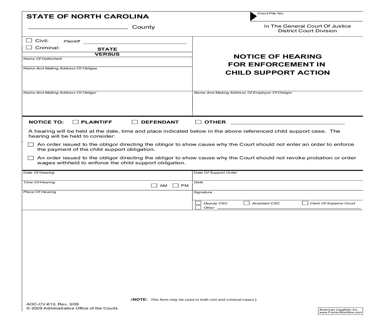 Notice Of Hearing For Enforcement In Child Support Action {CV-613} | Pdf Fpdf Doc Docx | North Carolina
