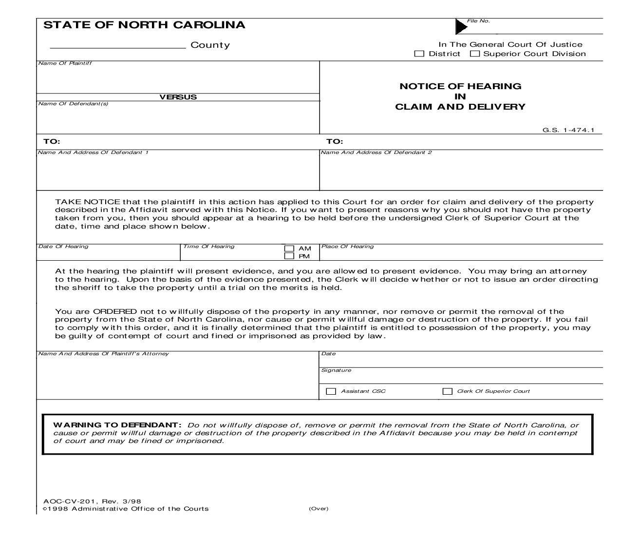 Notice Of Hearing In Claim And Delivery {CV-201} | Pdf Fpdf Doc Docx | North Carolina