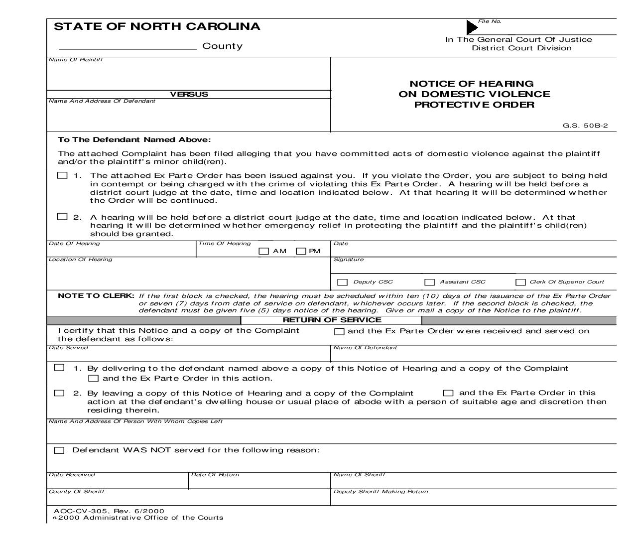 Notice Of Hearing On Domestic Violence Protection Order {CV-305} | Pdf Fpdf Doc Docx | North Carolina