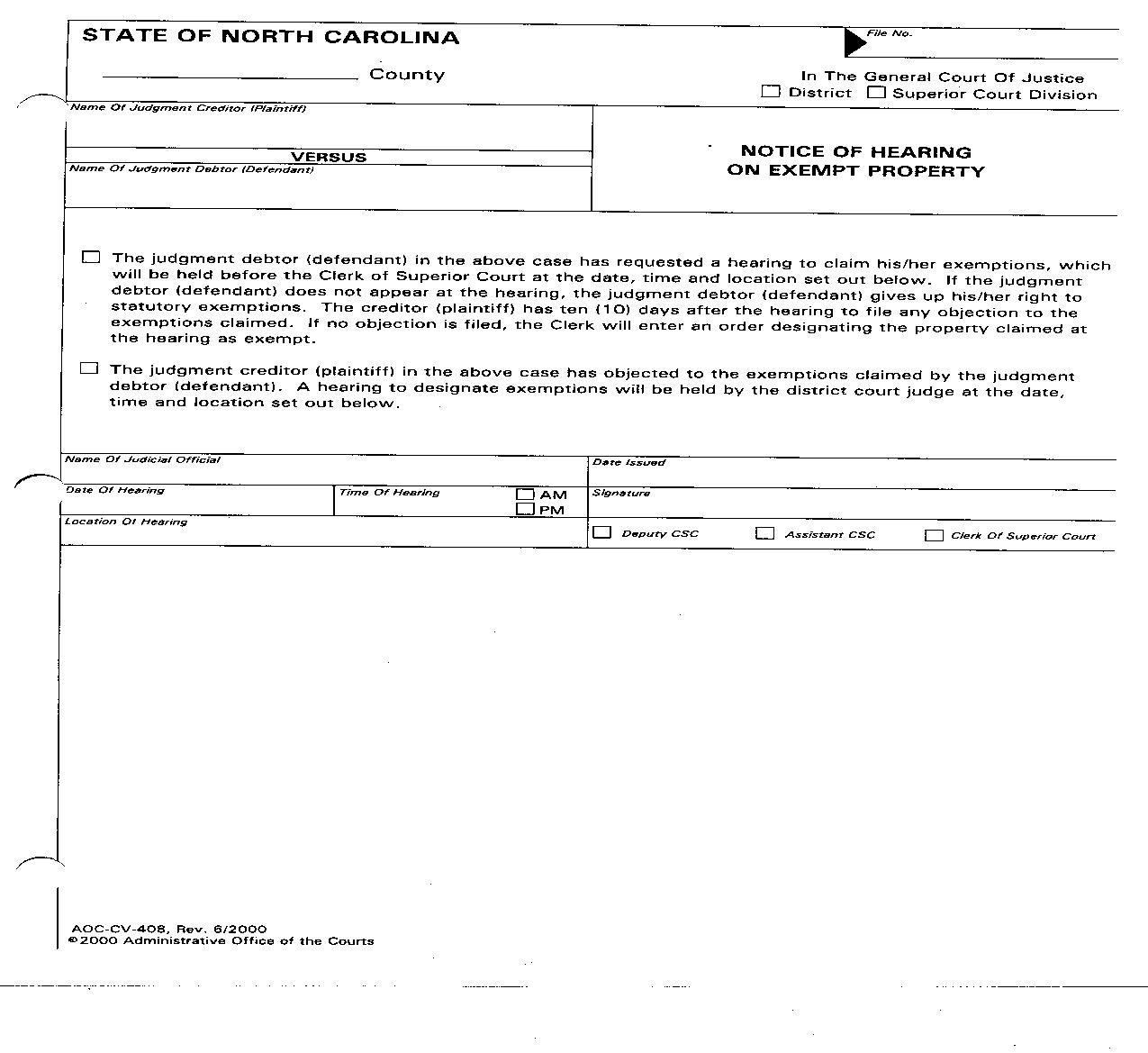 Notice Of Hearing On Exempt Property {CV-408} | Pdf Fpdf Doc Docx | North Carolina