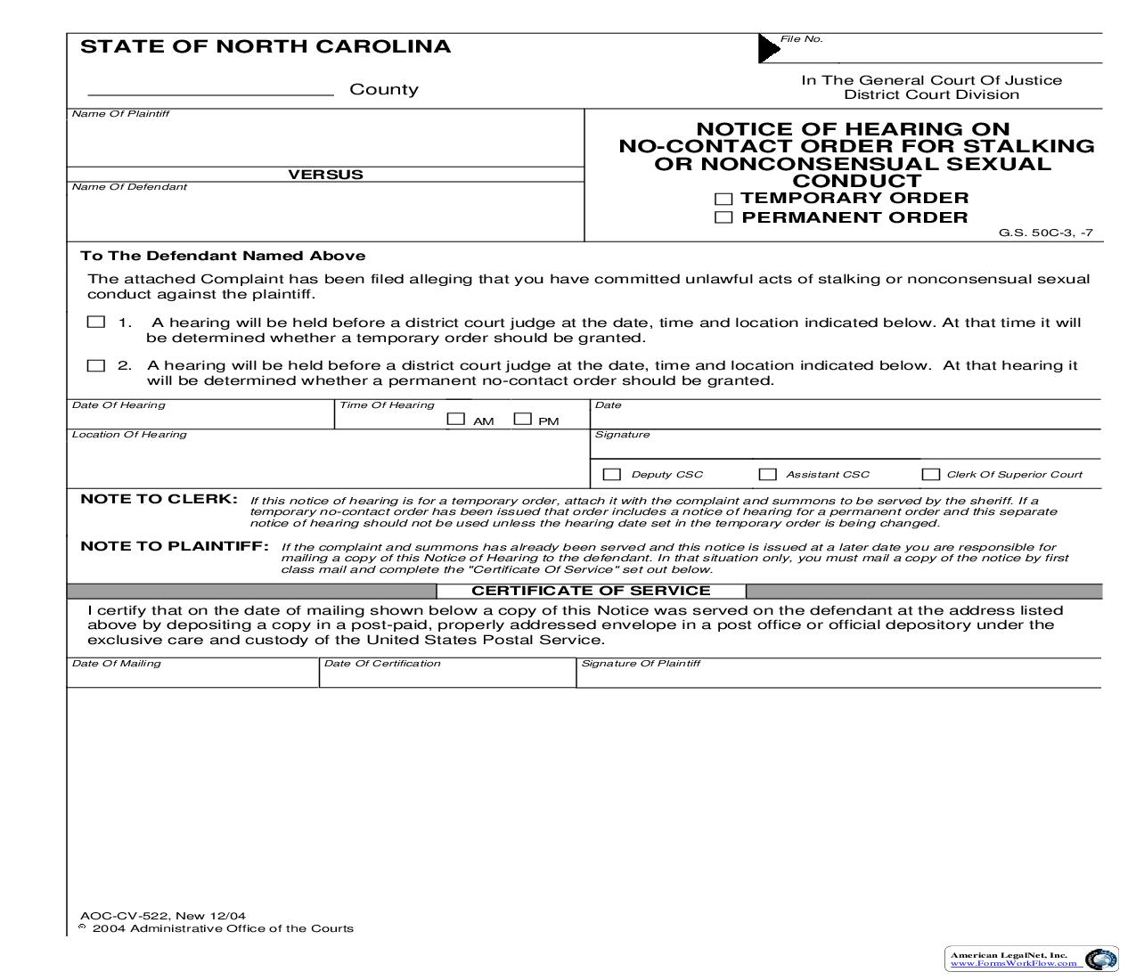 Notice Of Hearing On No Contact Order For Stalking Or Nonconsensual Sexual Conduct {CV-522} | Pdf Fpdf Doc Docx | North Carolina