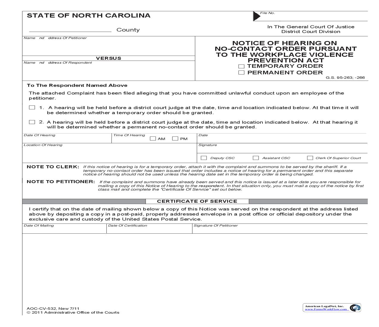 Notice Of Hearing On No Contact Order Pursuant To The Workplace Violence Prevention Act Temporary Order Permanent Order {CV-532} | Pdf Fpdf Doc Docx | North Carolina